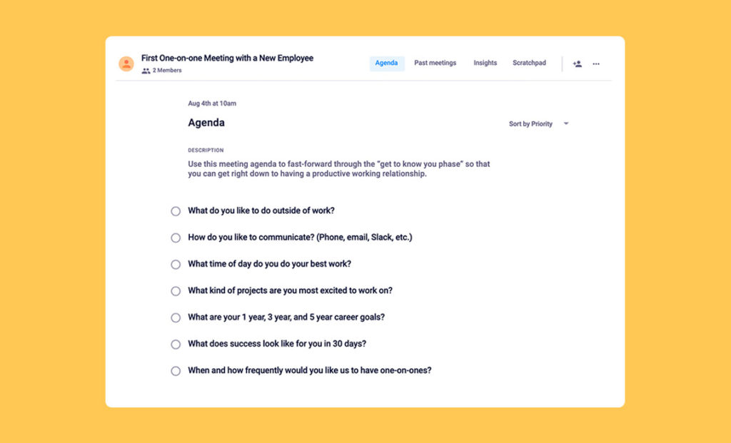 first one-on-one with a new employee meeting agenda template