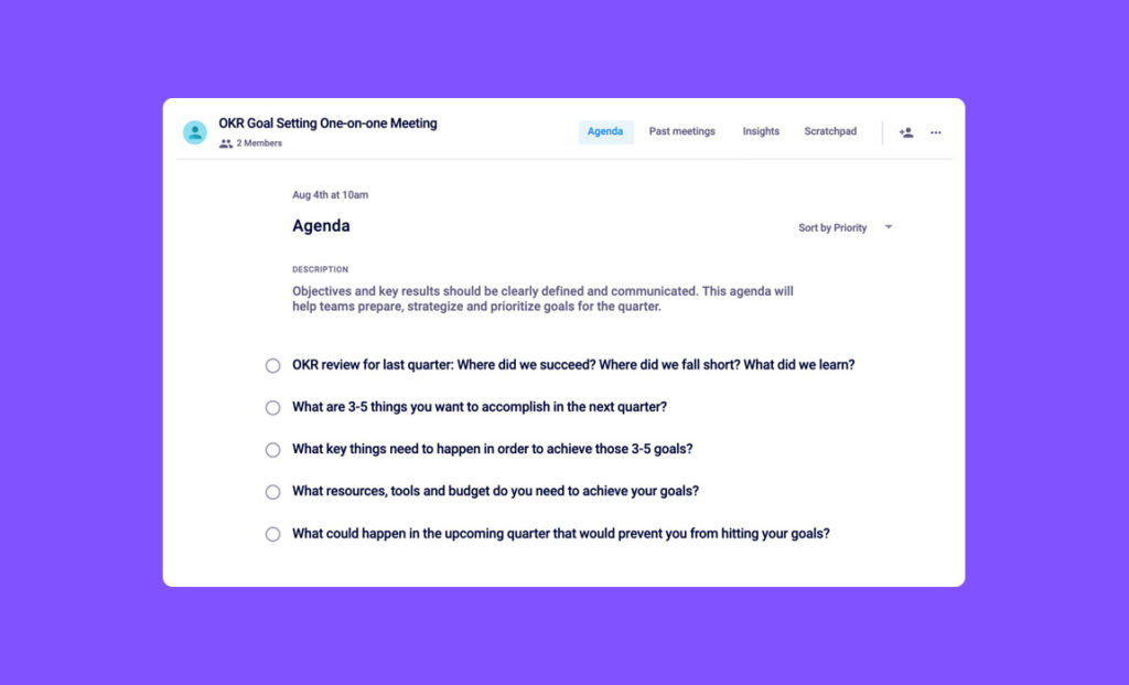 OKR goal-setting one-on one meeting agenda template